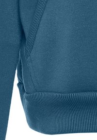 Sudadera azul con dobladillo y puños acanalados, fabricada con un tejido suave y de textura lisa, resaltando los detalles de costura en las mangas.