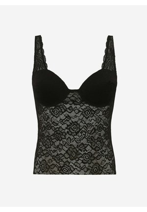 Body en dentelle noire avec bonnets rembourrés, motif floral et bretelles en dentelle à bords festonnés. Texture douce et silhouette ajustée.