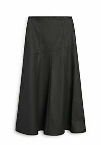 Gonna midi in pelle nera con silhouette svasata, caratterizzata da cuciture decorative e una texture liscia. Nessun elemento hardware distinguibile o motivi.