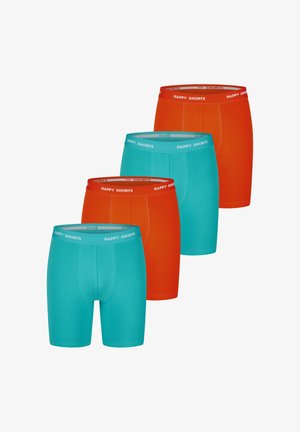 Paket mit vier Boxershorts: zwei leuchtend orange und zwei türkis, aus einem weichen, dehnbaren Stoff mit einem elastischen Bund, der mit "HAPPY SHORTS" beschriftet ist.