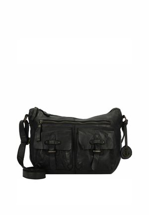 Schwarze Leder-Crossbody-Tasche mit zwei vorderen Reißverschlusstaschen, verstellbarem Riemen und dekorativem Ankeranhänger. Glatte Textur; lässiges Design.
