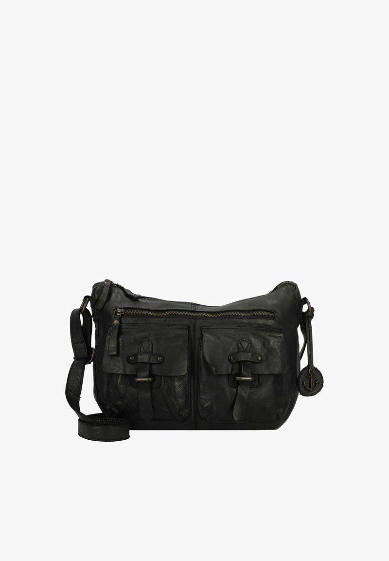 Schwarze Leder-Crossbody-Tasche mit zwei vorderen Reißverschlusstaschen, verstellbarem Riemen und dekorativem Ankeranhänger. Glatte Textur; lässiges Design.