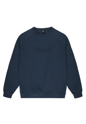 Granatowa bluza z okrągłym dekoltem i długimi rękawami, z fakturowanym logo "PROSTO." na przodzie oraz ściągaczami na mankietach i w pasie.