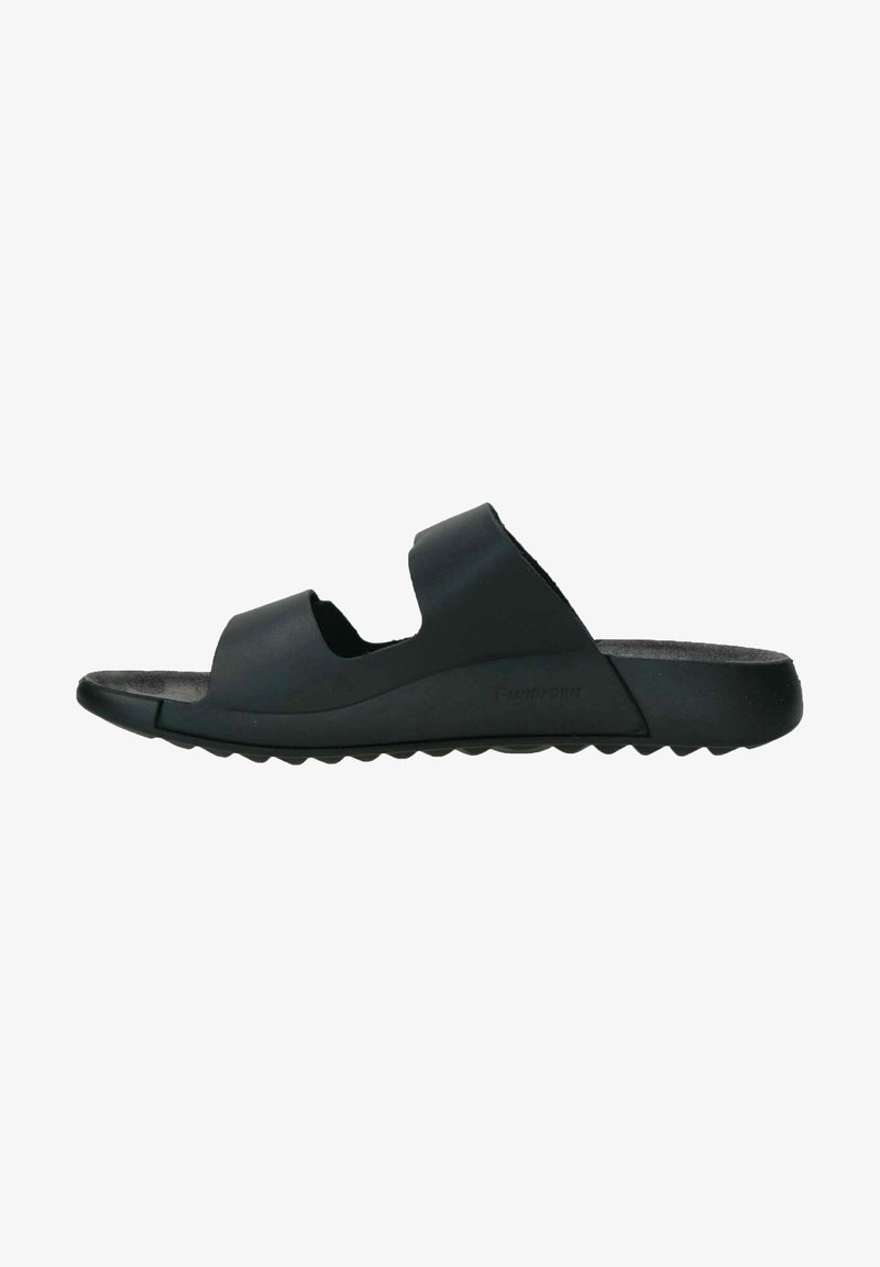 Black rubber slide sandal featuring a minimal design, two cut-out straps, a textured footbed, and a rounded sole with a wavy pattern.