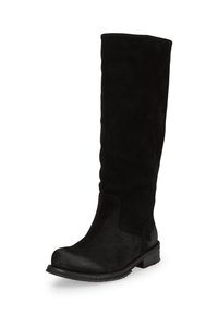 Botte noire en daim montante avec un bout rond, un talon plat en bois et des coutures minimales, mettant en avant une texture lisse et un design simple.