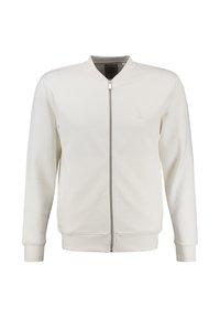 Chaqueta blanca con cremallera y mangas largas, cuello y puños de canalé, y un pequeño parche de logo en el pecho.
