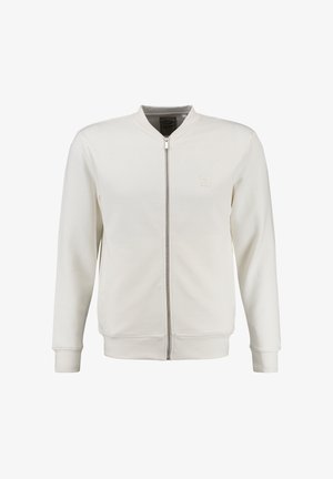 Witte zip-up jas met lange mouwen, geribde kraag en manchetten, en een klein logo op de borst.