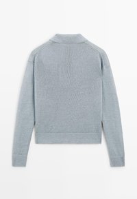 Maglione azzurro chiaro lavorato a maglia con maniche lunghe, collo, polsini e orlo a coste, mostrato da dietro su sfondo bianco.