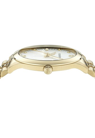 Aranyszínű karóra kerek tokban, texturált fehér számlappal és arany részletekkel. Koronája "F" logóval díszített, és láncszemes szíjjal rendelkezik.