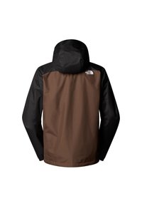 Brązo-czarna wodoodporna kurtka z kapturem, z logo na górnej części pleców oraz elastycznymi mankietami przy nadgarstkach.