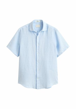 Light blue short-sleeve button-up shirt with a collar, made of linen fabric, displayed on a white background.