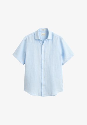 Light blue short-sleeve button-up shirt with a collar, made of linen fabric, displayed on a white background.