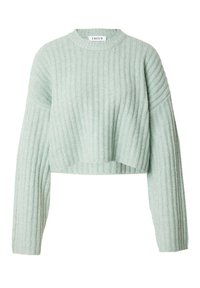 Svetle zelený zkrácený svetr s dlouhými rukávy, ribbovanou texturou a kulatým výstřihem. Vyrobeno z měkkého, pružného materiálu.