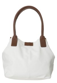 Valkoinen nahkalaukku, jossa ruskeat keinonahkaiset kahvat. Kaareva muoto, minimalistinen muotoilu ja näkyvät ompeleet kahvoissa.