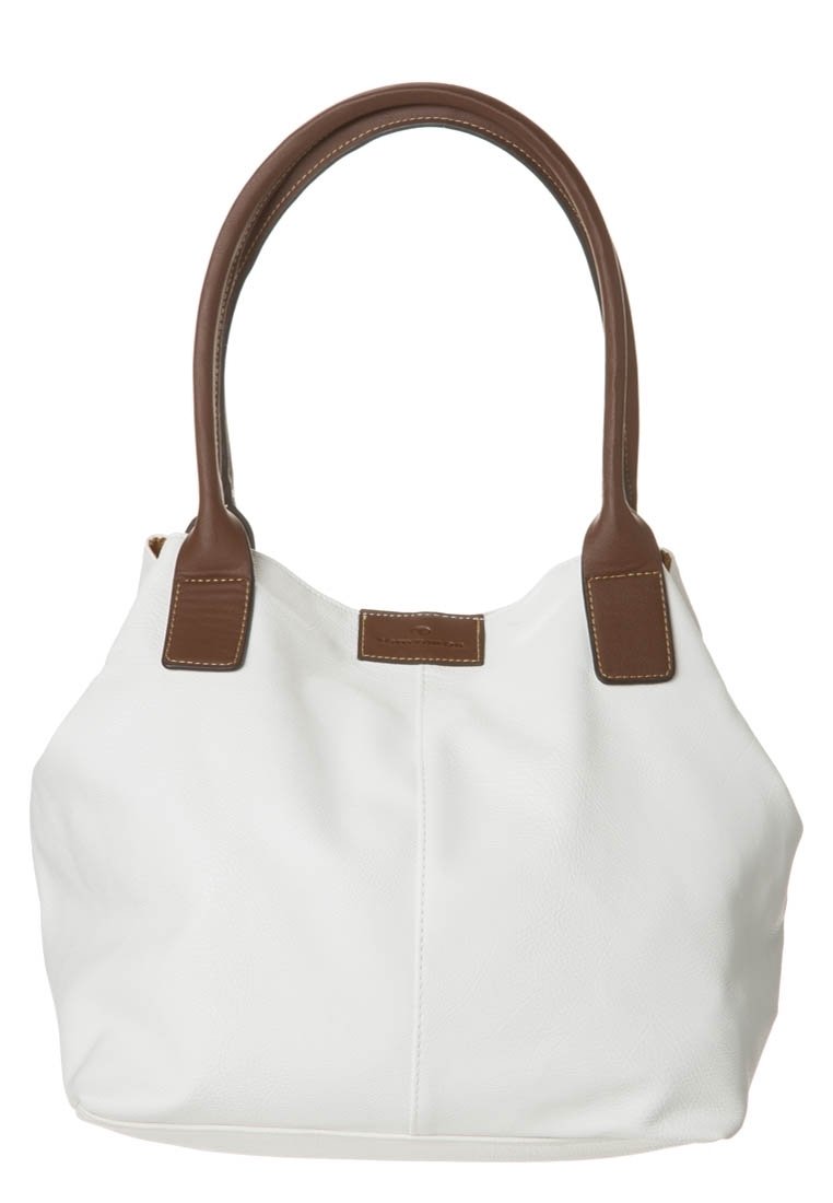 Valkoinen nahkalaukku, jossa ruskeat keinonahkaiset kahvat. Kaareva muoto, minimalistinen muotoilu ja näkyvät ompeleet kahvoissa.