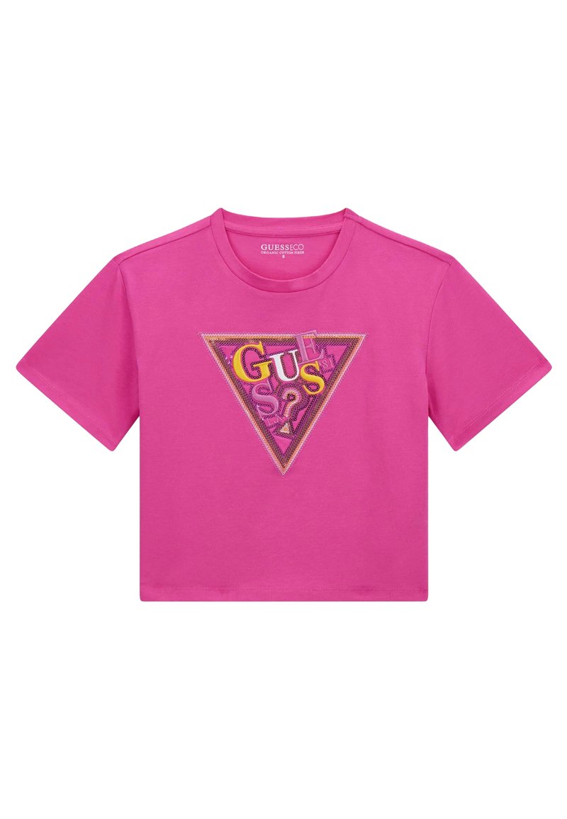 Tricou scurt din bumbac roz, cu un grafic triunghiular multicolor și textul "GUESS" conturat, mâneci scurte și guler rotund.