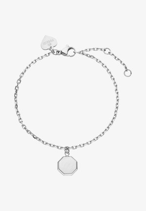 Silberne Kettenarmband mit einem oktagonalen Charme. Verfügt über einen Karabinerverschluss und eine verstellbare Länge mit einem runden Ring am Ende.