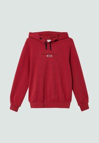 Czerwona bluza z kapturem wykonana z mieszanki bawełny, z czarnym sznurkiem, ściągaczami przy mankietach i dole, z graficznym napisem w kolorze czarnym.