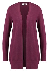 Burgundy kofta med öppen front, långa ärmar och ett texturerat stickat mönster. Lätt material med ribbade muddar och nederkant.