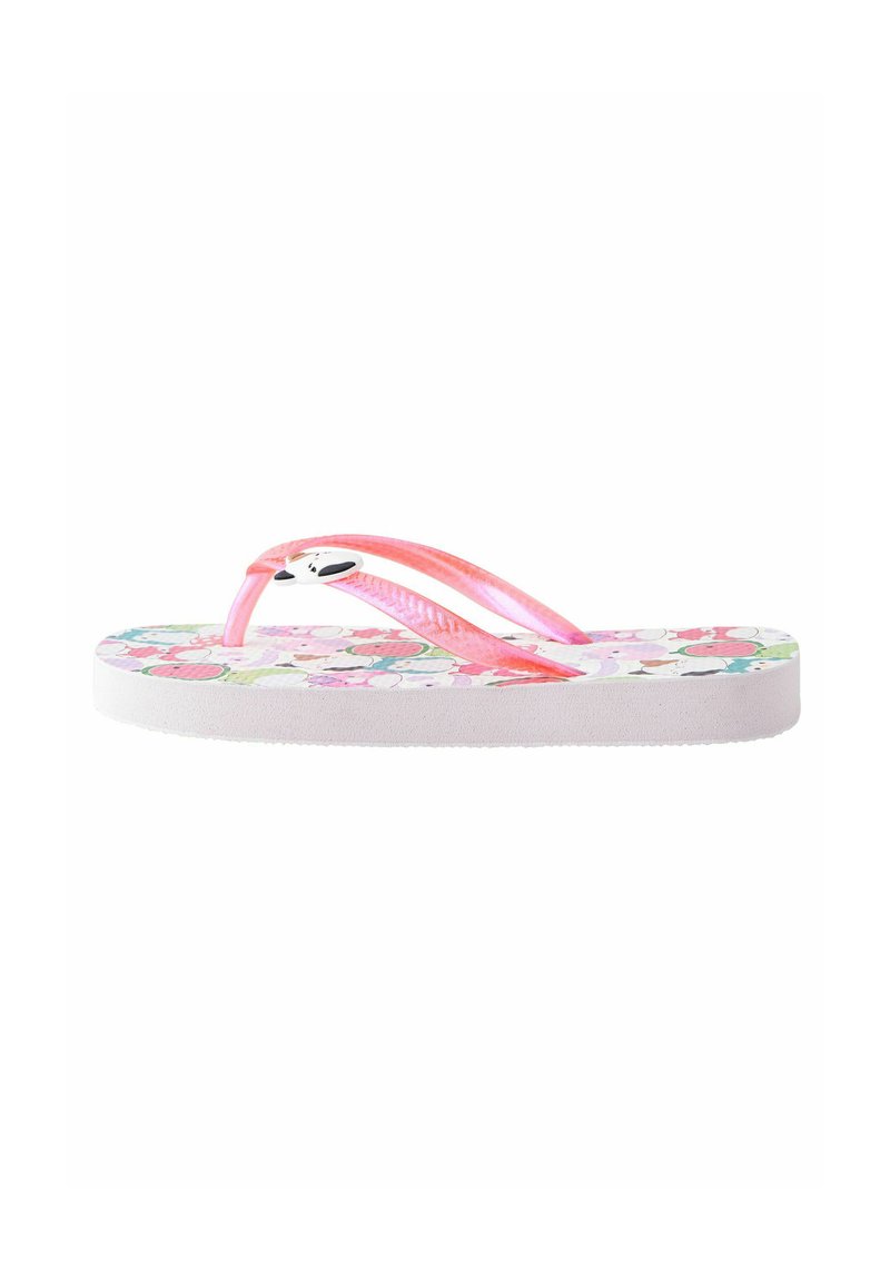 Rosa Flip-Flop mit strukturierten Riemen und einer weißen Sohle, die ein farbenfrohes Blumenmuster zeigt. Akzente umfassen ein kleines grafisches Detail am Riemen.