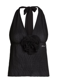 Juodas halterio stiliaus topas su tekstūruotu audiniu, giliais V formos iškirpimu ir išraiškinga gėlių detale centre. Kaklo raišteliai papildyti dizainą.