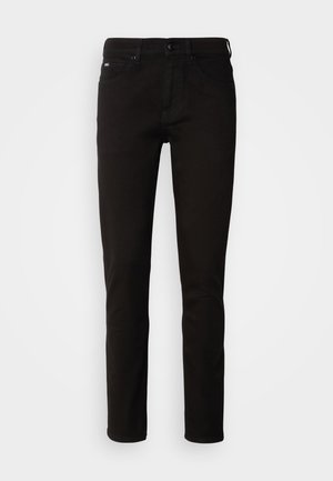 Black denim jeans featuring a straight-leg cut, a zipper fly, and five-pocket design. The fabric has a smooth texture with no visible patterns.