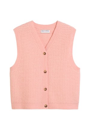 Roze gebreide vest met V-hals, mouwloos ontwerp, vijf houten knopen aan de voorkant en een gestructureerd zigzagpatroon.