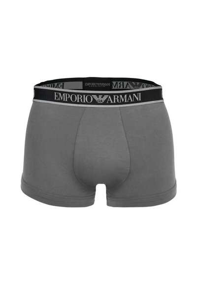 Γκρι ανδρικά μπόξερ Emporio Armani με μαύρη ελαστική μέση που φέρει λευκό λογότυπο της μάρκας και έμβλημα αετού.