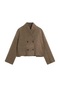 Brown cropped jacket made of textured fabric, featuring a double-breasted front with black buttons and wide, notched lapels.