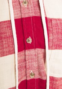 Red and white plaid flannel shirt detail featuring a button closure and contrasting stitching around the collar and placket.