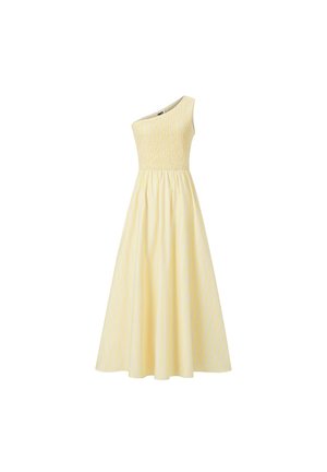 Robe longue sans manches à rayures jaunes avec un design asymétrique à une épaule et un corsage froncé.