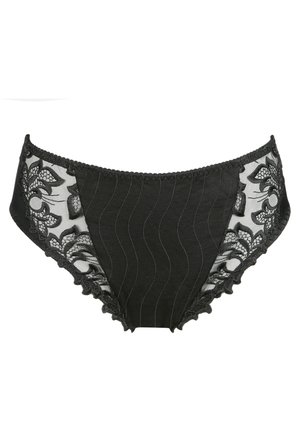 Black underwear featuring a smooth fabric with ribbed texture and lace accents on the sides, adorned with floral patterns and scalloped edges.