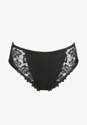 Zwarte lingerie van een gladde stof met ribbelstructuur en kantaccenten aan de zijkanten, versierd met bloemenpatronen en geschulpte randen.