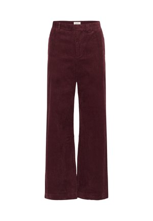 Burgundy corduroy wide-leg trousers with a textured finish, featuring a classic waistband and no visible pockets.