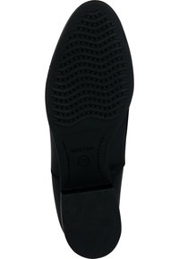 Suola di scarpa in gomma nera con un motivo a ondulazione e piccoli fori di ventilazione. Bordo robusto e liscio con un'impronta del logo sul lato.