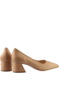 Beige leather block-heeled pumps with a pointed toe, featuring smooth texture and simple stitching detail along the edges.