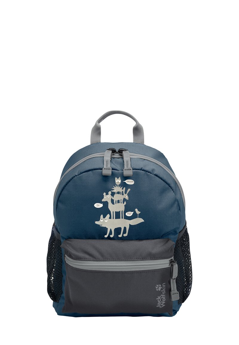 Sac à dos en tissu bleu et gris avec un graphique d'animal ludique sur la poche avant, comportant des poches latérales en mesh et des fermetures à glissière doubles.