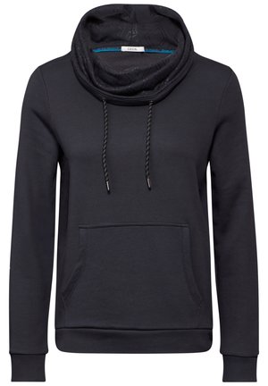 Kapuzenpullover in Dunkelgrau mit strukturiertem Muster, Zugbanddetails, Fronttasche und gerippten Bündchen. Weicher Stoff, lässiges Design.