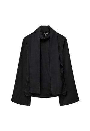 Black long-sleeve top featuring a high collar and open front, made from smooth fabric with a relaxed fit and wide sleeves.