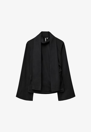 Black long-sleeve top featuring a high collar and open front, made from smooth fabric with a relaxed fit and wide sleeves.