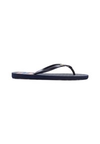 Tongs marines avec une semelle en caoutchouc texturé, des sangles lisses et un accent de logo sur la sangle. Design simple et léger.