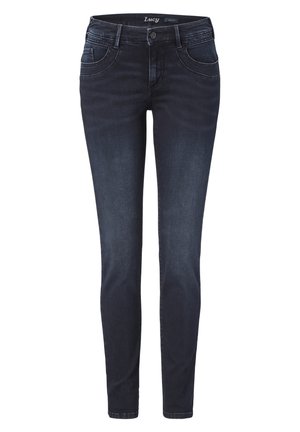 Dunkelblaue Denim-Skinny-Jeans mit glatter Textur, Fünf-Taschen-Design, Knopfverschluss und dezenten Nähten auf der Vorderseite.