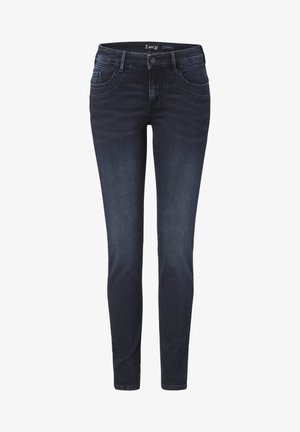 Dunkelblaue Denim-Skinny-Jeans mit glatter Textur, Fünf-Taschen-Design, Knopfverschluss und dezenten Nähten auf der Vorderseite.
