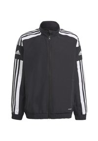Sort zip-jakke med hvide striber på skuldrene og ærmerne, elastiske manchetter og nederste kant, med et Adidas-logo på den øverste venstre ærme.