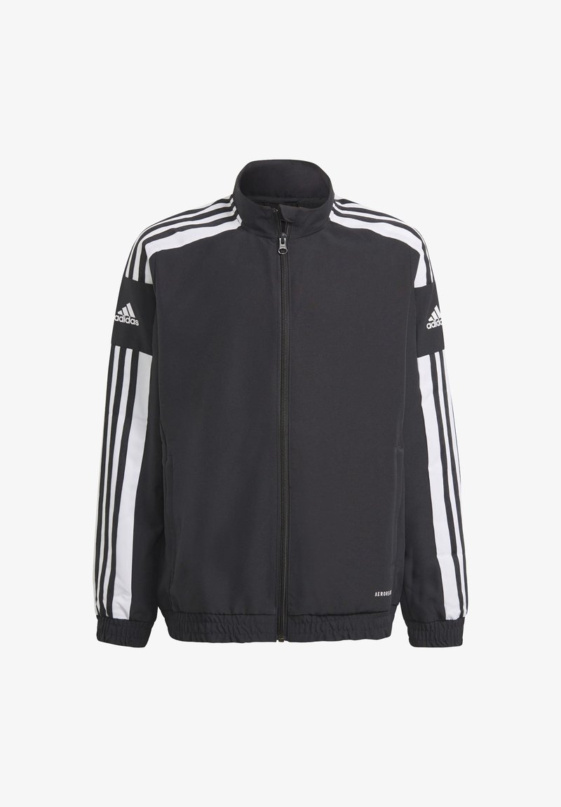 Sort zip-jakke med hvide striber på skuldrene og ærmerne, elastiske manchetter og nederste kant, med et Adidas-logo på den øverste venstre ærme.