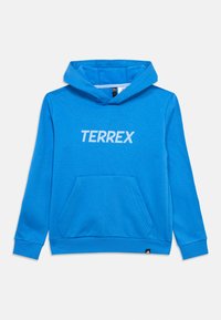 Sweat à capuche bleu vif avec une poche avant kangourou et "TERREX" imprimé en lettres gris clair sur la poitrine.