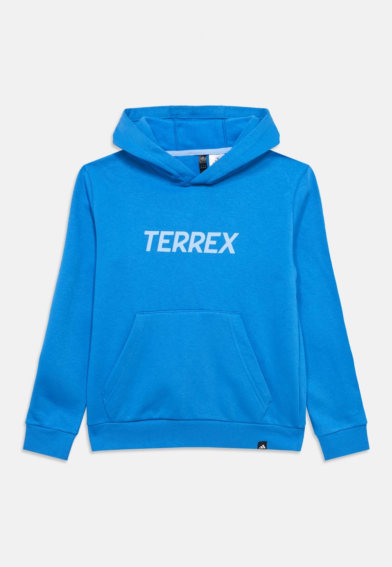 Sweat à capuche bleu vif avec une poche avant kangourou et "TERREX" imprimé en lettres gris clair sur la poitrine.