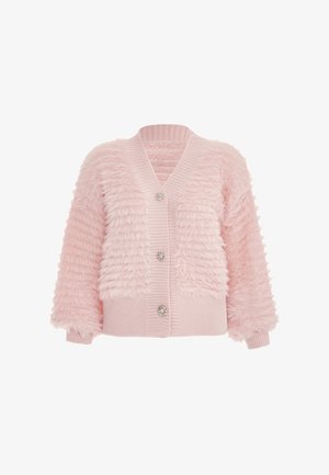 Rosa Cardigan aus strukturiertem, flauschigem Material an Ärmeln und Körper. Verfügt über einen gerippten Saum und drei dekorative Knöpfe an der Vorderseite.