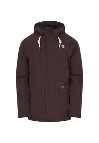Veste imperméable marron avec une fermeture éclair à l'avant, une capuche ajustable, deux poches avant et un logo sur la poitrine. Texture lisse et matériau robuste.