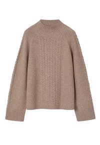 Beige, oversized pulóver, amely texturált kötött anyagból készült. Bordás nyakkal és mandzsettákkal rendelkezik, a frontra középen kötött kábel minta díszíti.